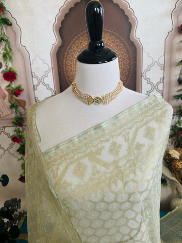 Masterpiece Authentic Dhakai Jamdani Muslin Saree from Bangladesh | Handwoven | Light Sage Green | Ships from California